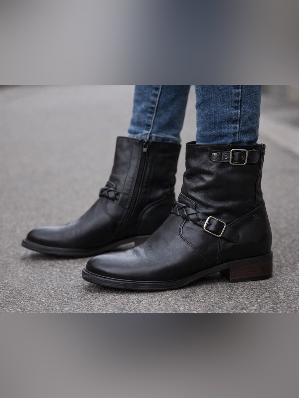 Paul Green Black Leather Ankle Boots with Braided Strap Buckle Detail UK SZ 5.5